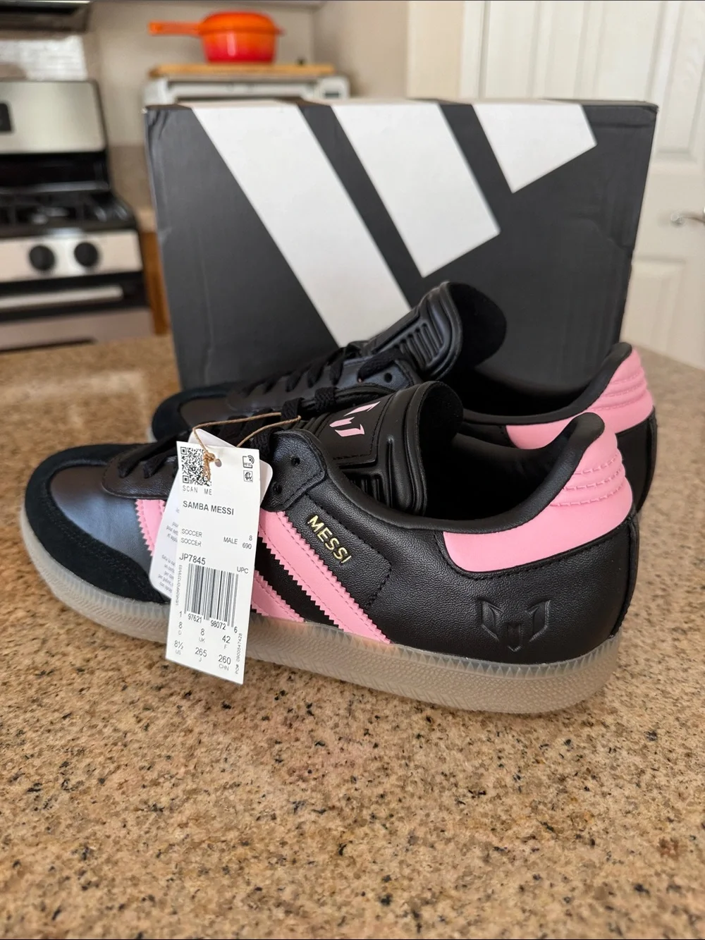 adidas Samba MESSI SOCCER Black with Pink Stripes and Gum Sole 8.5 men/9.5 women